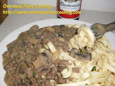 Pinoy Ground Beef Stroganoff over Egg Noodles