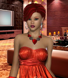 Female character with short, red side-swept hair, silver hoop earrings, red and black necklace, red strapless top and mauve lipstick. Background is of a studio apartment with big screen TV, candles, seating and modern decorations.