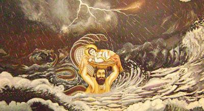 Vasudev taking little Krishna to Gokul through Yamuna river