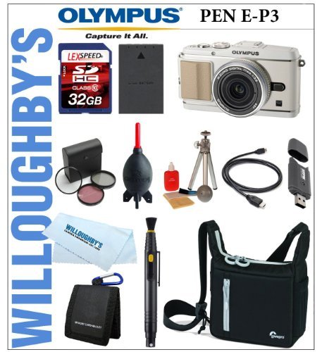 Olympus PEN E-P3 12.3 MP Live MOS Micro Four Thirds Interchangeable Lens Digital Camera with 17mm 2.8 Lens (White) + LexSpeed 32GB SDHC Memory Card + Extra PS-BLS1 Battery + Deluxe Digital SLR Camera Bag + 3pc 37mm Multi-Coated Essential Filter Kit