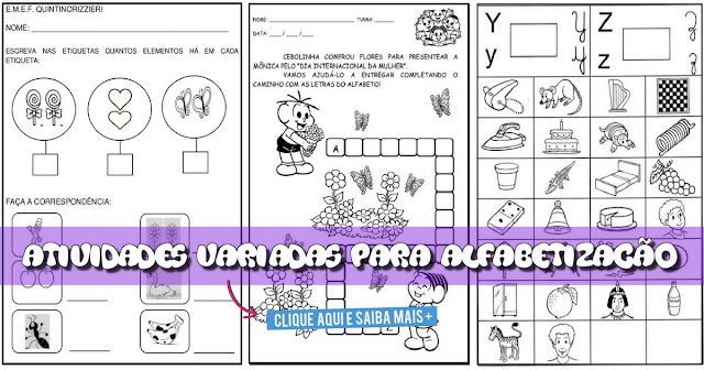 13 Atividades Variadas para Alfabetização prontas para imprimir e disponíveis para download em WORD.