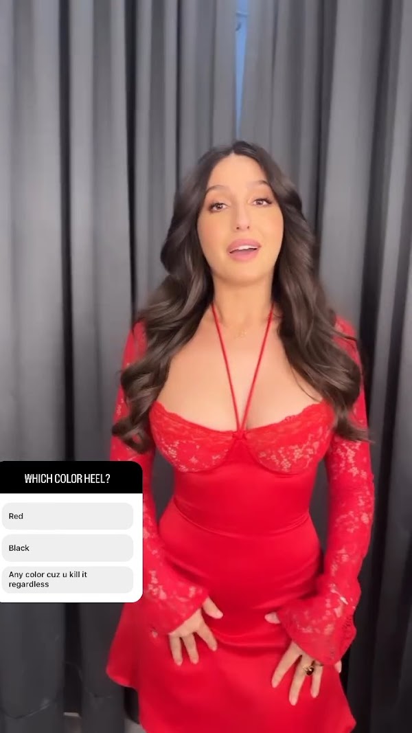 nora fatehi red short dress cleavage busty