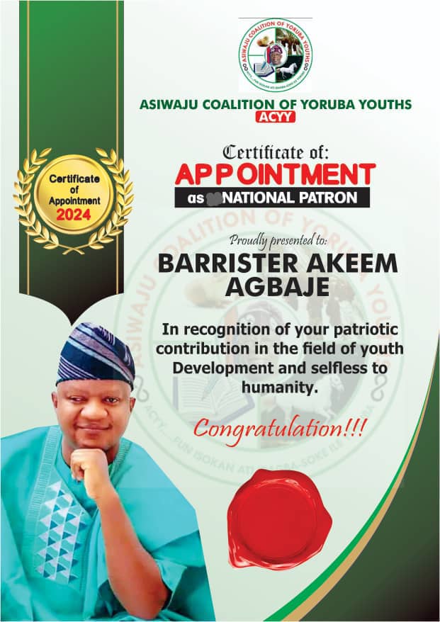 Barr. Akeem Agbaje Commends President Tinubu's Administration as ACYY Appoints Him ‘National Patron’