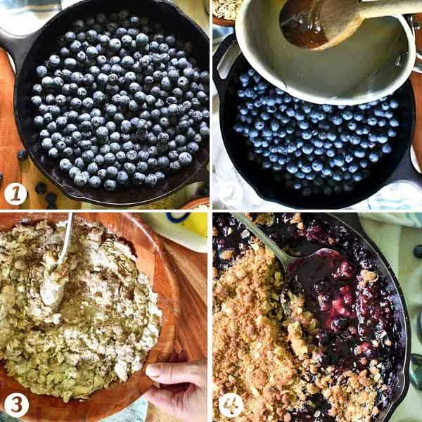 Step by step photo tutorial of how to make blueberry crisp with a simple syrup and crumb topping