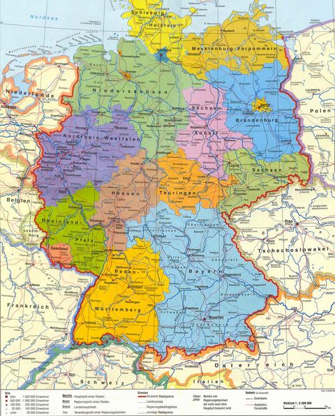 Mapa da Alemanha em 1990, quando de sua reunificação.