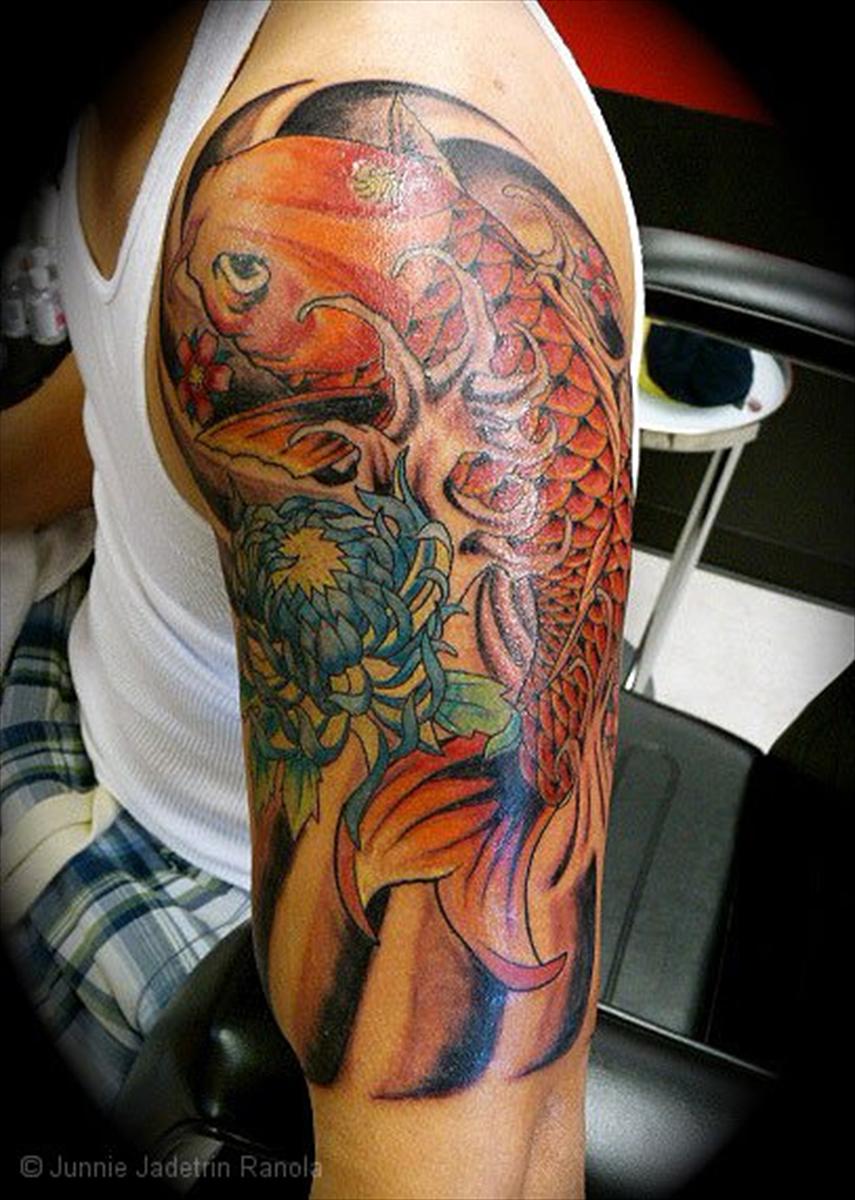 flower and japanese koi fish tattoo for men