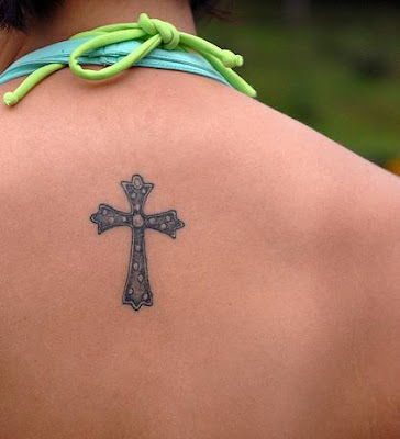 Feminine Upper Back Tribal Cross Tattoo