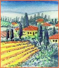 Tuscan landscape, original art, watercolour painting, dollhouse scale, 1:12, Italy, Italian,