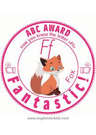 Printable ESL award for alphabet learning -- letter F is for fox