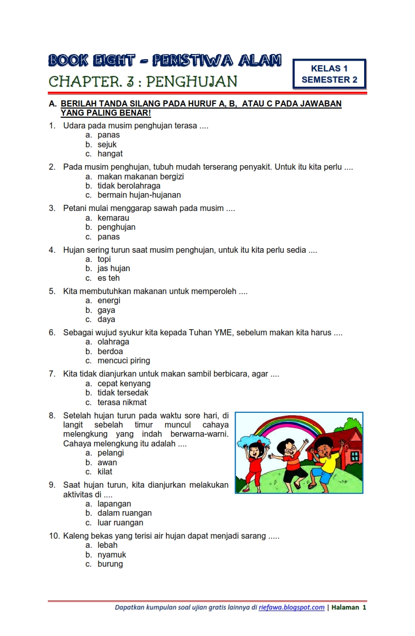 Download Soal Tematik Kelas 1 Semester 2 Tema 8 Subtema 3  Peristiwa Alam  Penghujan Edisi Terbaru