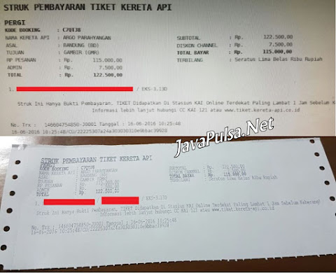 Contoh Struk Pembelian Pesanan Tiket Kereta Api Secara Online di Java Pulsa PPOB PT Aslamindo Eltama Raya