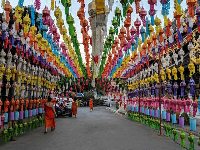 Lanterns on display at a Buddhist wat in Chiang Mai, Thailand