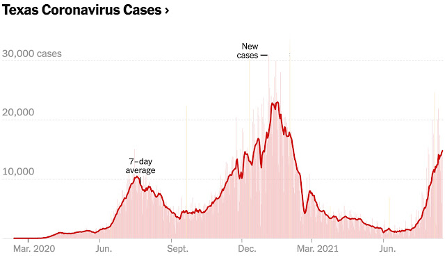 A chart from the New York Times shows how Texas COVID cases are climbing steeply in August 2021.