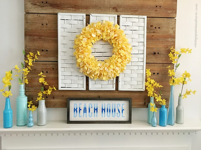 Vintage Paint and more... a summer mantel diy'd with painted bottles, fabric rag wreath, and chalk couture sign