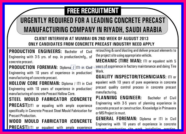 Free Recruitment  For KSA Large Vacancies