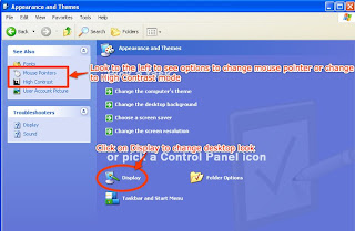 Screenshot pointing out links to Mouse Pointers High Contrast and Display adjustment options