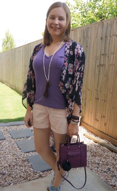 thrifted Supre black sheer floral kimono with matching purple and pink outfit rebecca minkoff mab mini bag | away from the blue