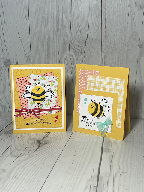 Two bee-themed greeting cards using the Bee Mine Suite from Stampin' Up!