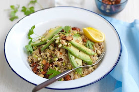Toasted brown rice salad with spiced almonds and avocado