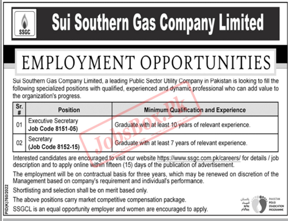 Job Advertisement of Sui Southern Gas Company SSGC Jobs 2022