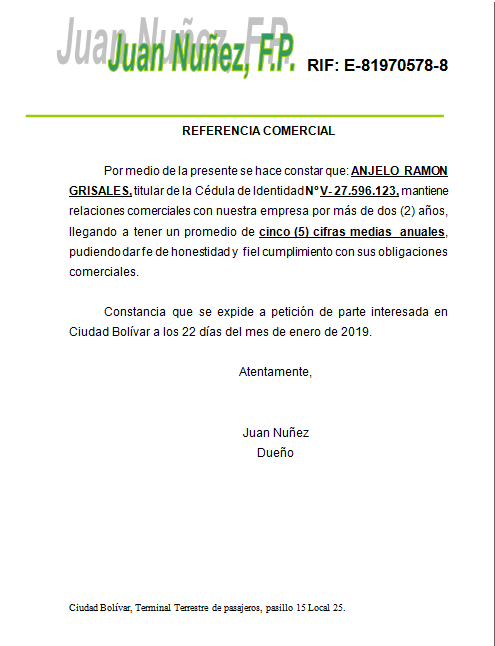 Carta de Recomendacion Comercial de firma personal