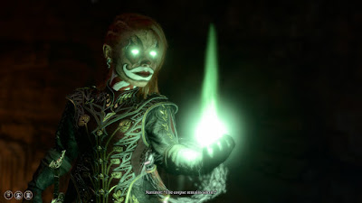 A female halfing with black veins visible through her skin, wearing clown makeup, casting a spell.