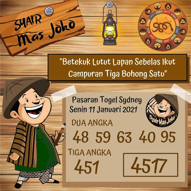 Prediksi Togel Sydney Syair Mas Joko Senin 11 Januari 2021