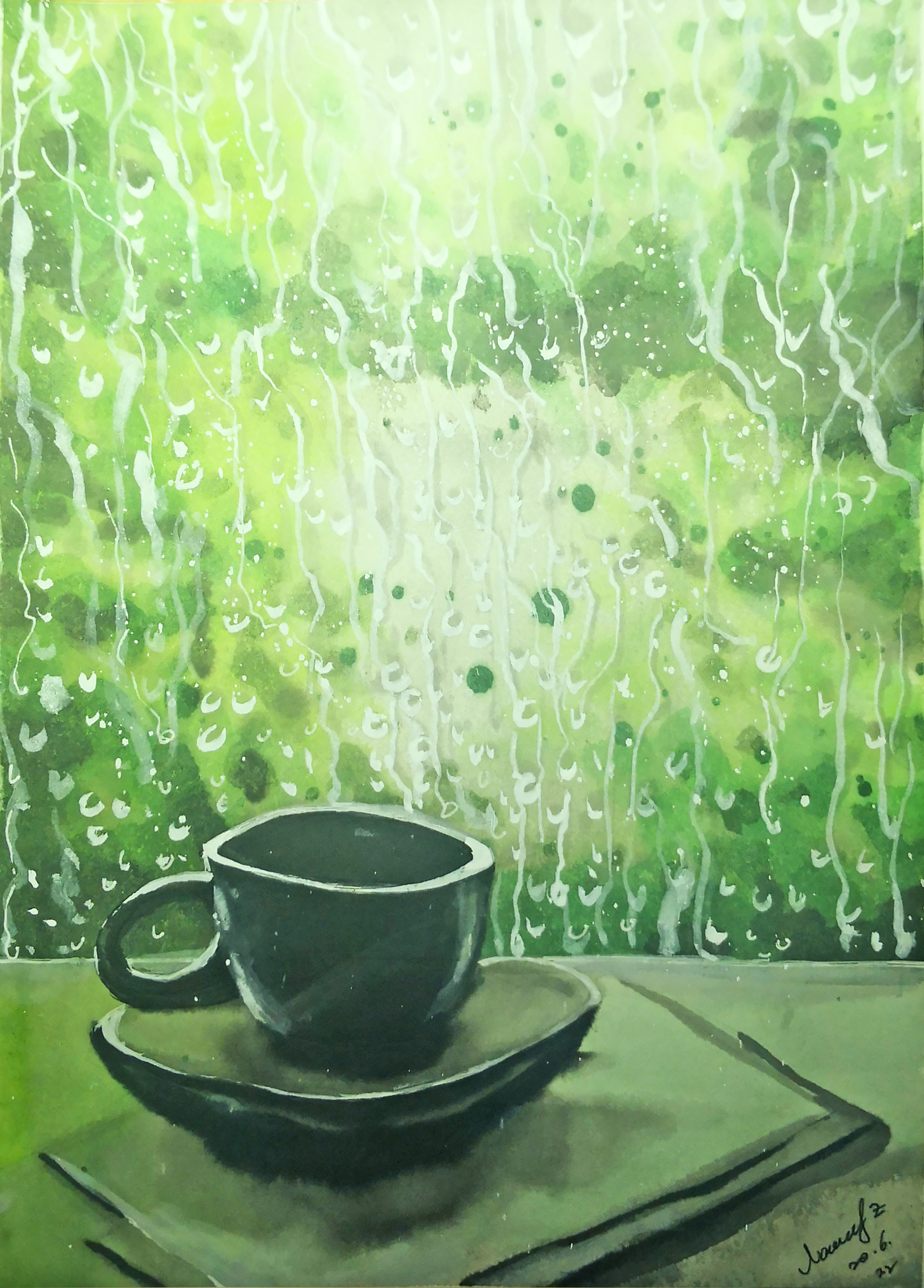 How to draw watercolor coffee and rain outside the window step by step tutorial easy