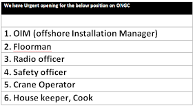 We have Urgent opening for the below position on ONGC platform and Jack Up Rig in Mumbai high