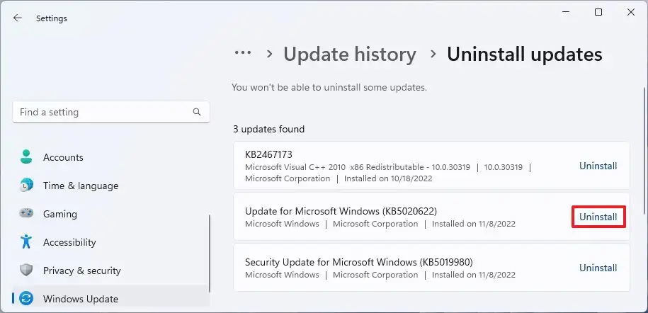 windwos 11 uninstall updates