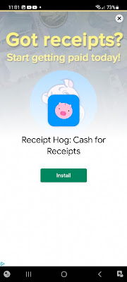 Free Cashback App Receipt Hog screenshot- image shows a cartoon pink pig face on a sky blue square on a white bulging money bag in the middle of a white background text reads" Got Receipts? Start getting paid today! Receipt Hog Cash for your receipts.Link opens in new page on the Receipt Hog website.