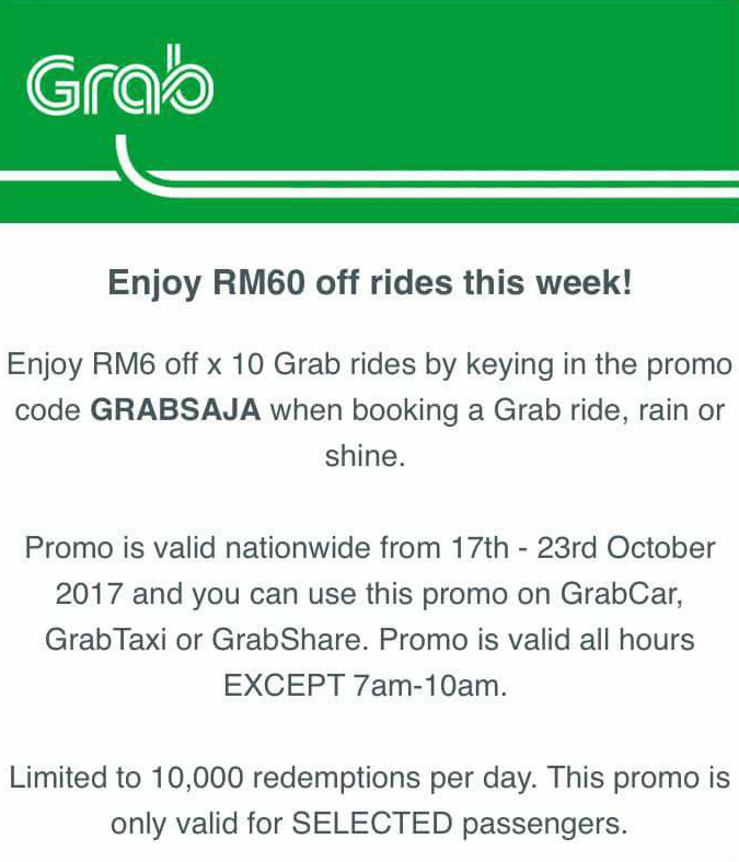 Grab Promo Code Malaysia RM6 Discount x 10 Rides Except ...