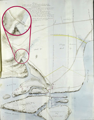 Map of around LeBreton Flats and Chaudière falls (north at bottom) showing a road coming over the islands from Wrightstown (Hull) and splitting a few times into a road east to Richmond Landing, a road west to Nepean Bay (labelled as Rafting Bay), a road southwest which splits further south (up on map) into roads to Hogsback and Richmond, and a road southeast that follows the gorge and crosses it at a bridge, continuing to Hogs Back. Off this road, just south of the bridge, splits another road at a 90 degree angle labelled Road to 1st Eight Locks, i.e. the connection to Wellington Street.