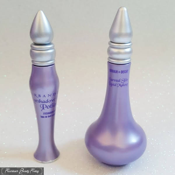 comparison of Urban Decay eyeshadow primer and foundation, lilac genie style bottles