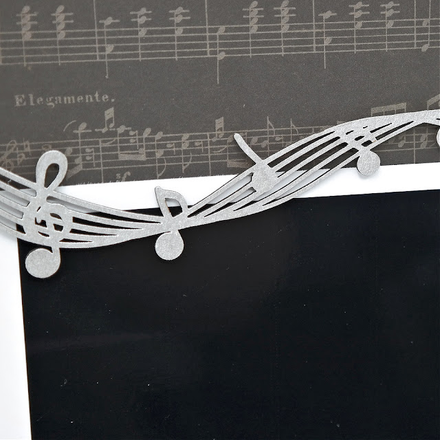 Chipboard Music Staff Painted Metallic Silver on an A Cappella Scrapbook Layout.