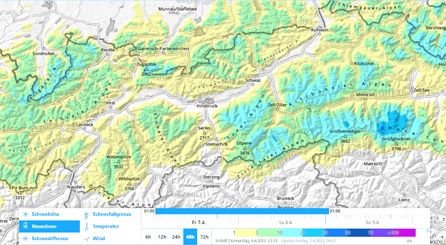 48h Neuschneeprognose ab heute, Karfreitag, 07.04.2023