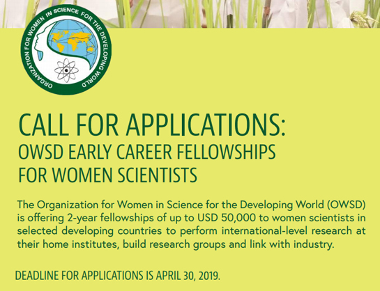 OWSD EARLY CAREER FELLOWSHIPS for WOMEN SCIENTISTS | 2-year fellowships of up to USD 50,000