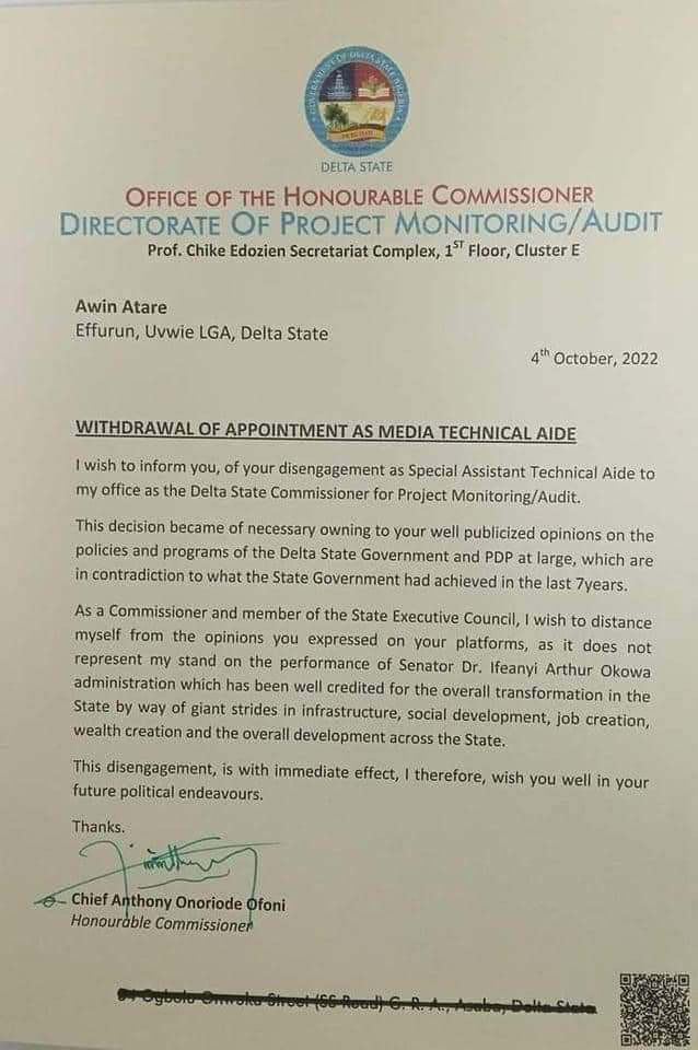 Gov Okowa’s Commissioner Fires Aide For Making Post Supporting Peter Obi