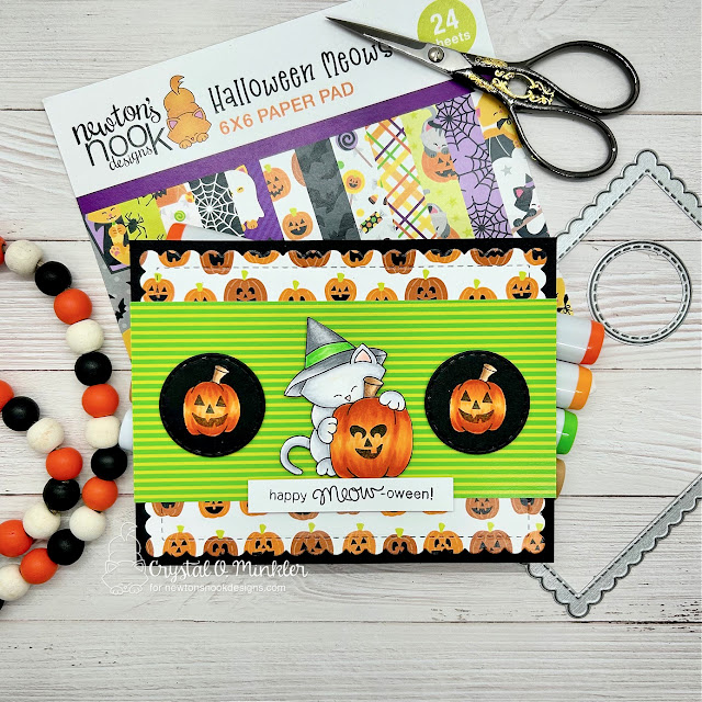 Happy meow-oween by Crystal features Newton's Perfect Pumpkin, Frames & Flags, Circle Frames, and Halloween Meows by Newton's Nook Designs; #inkypaws, #newtonsnook, #halloweencards, #catcards, #cardmaking, #cardchallenge