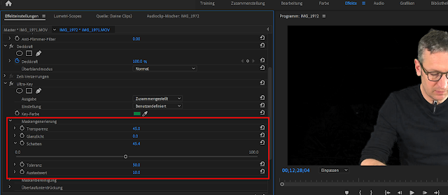 Eigenschaften zum Ultra Key Effekt in Adobe Premiere Pro