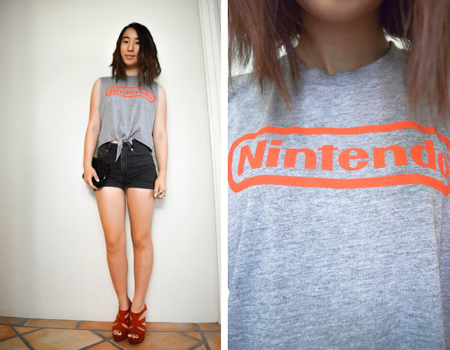 nintendo muscle tee diy crop tie shorts high waisted black grey game vintage retro thrift thrifted sequin bag clutch asian girl short hair shoes heels red straps