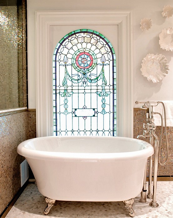 To da loos: Stained glass windows in the bathroom