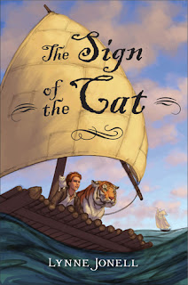 Book cover, The Sign of the Cat by Lynne Jonell. Image depicts a red-headed boy with a white kitten on his shoulder, next to a tiger on a log raft with billowing sail