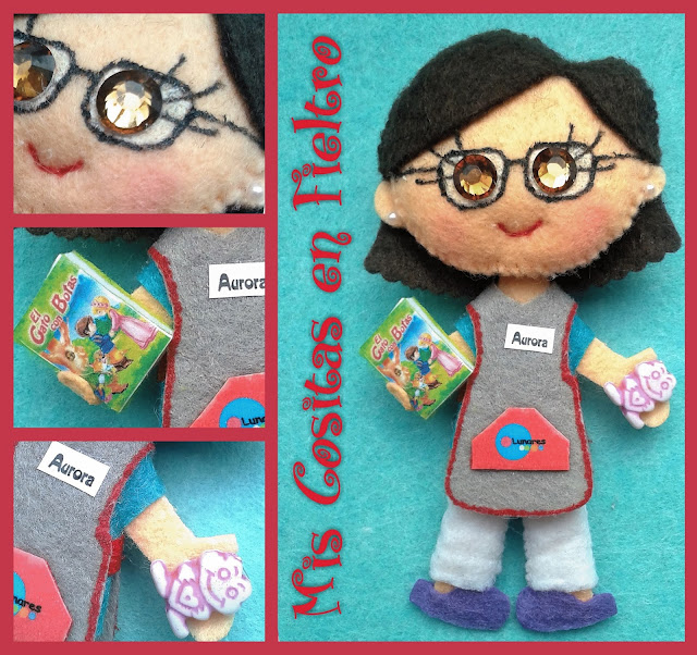 broche de fieltro, broche en fieltro, fieltro broche, broche, fieltro, felt, regalo, pin, Monigota, muñeca de fieltro, felt doll, guardería, cuidadora, profesora