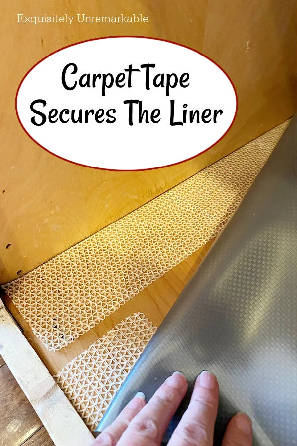 Using Carpet Tape to secure Shelf Liner in place under sink cabinet