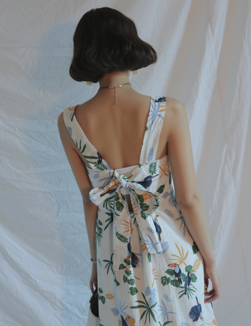 Tropical Print Sleeveless A-Line Dress