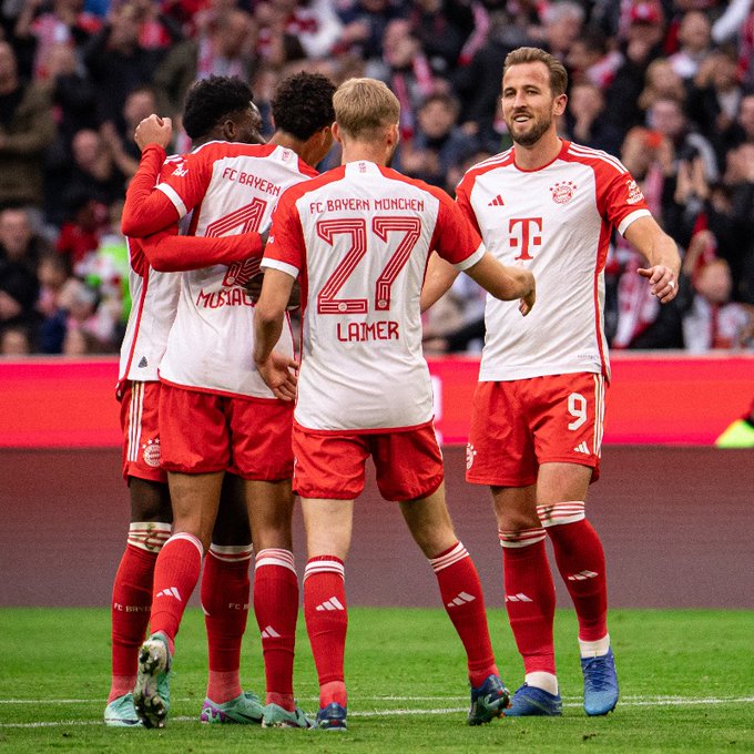 English forward, Harry Kane, and teammates, celebrate Bayern Munich's 8-0 triumph over Darmstadt in the Bundesliga 2023/24 match at Allianz Arena on Saturday 28 October, 2023