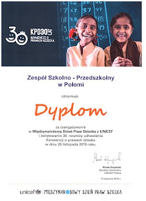 Dyplom UNICEF "30 Międzynarodowy Dzień Praw Dziecka" 2019/2020