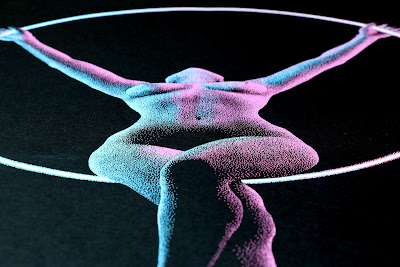 Pointillism paint Drawing of woman performing acrobatic hoop aerial moves being lit up by the hoop in blue and pink light.