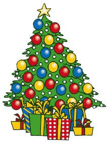 Christmas tree decorated with red,yellow,blue baubles and Christmas star clip art picture